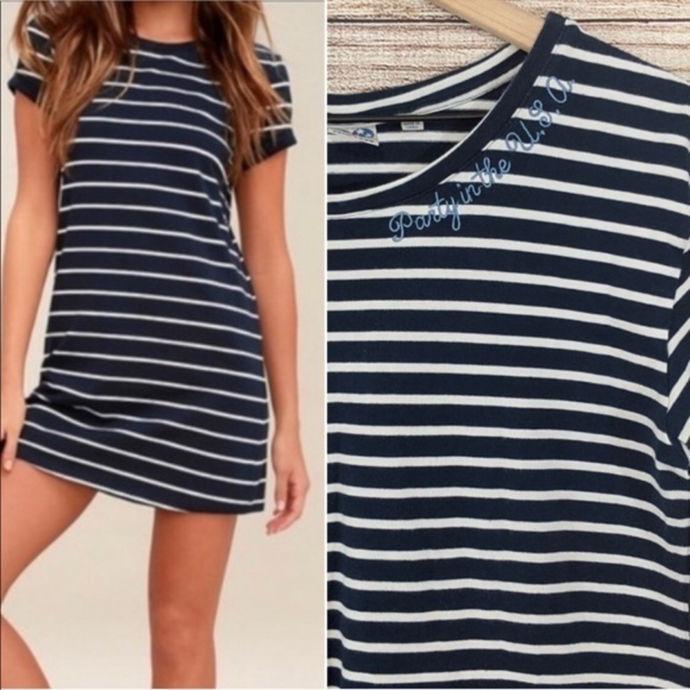 JUNK FOOD striped cotton embroidered party in the USA navy mini dress size XS